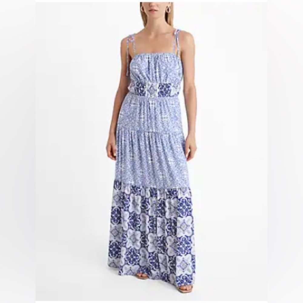Express: Printed Square Neck Sleeveless Tiered Maxi Dress